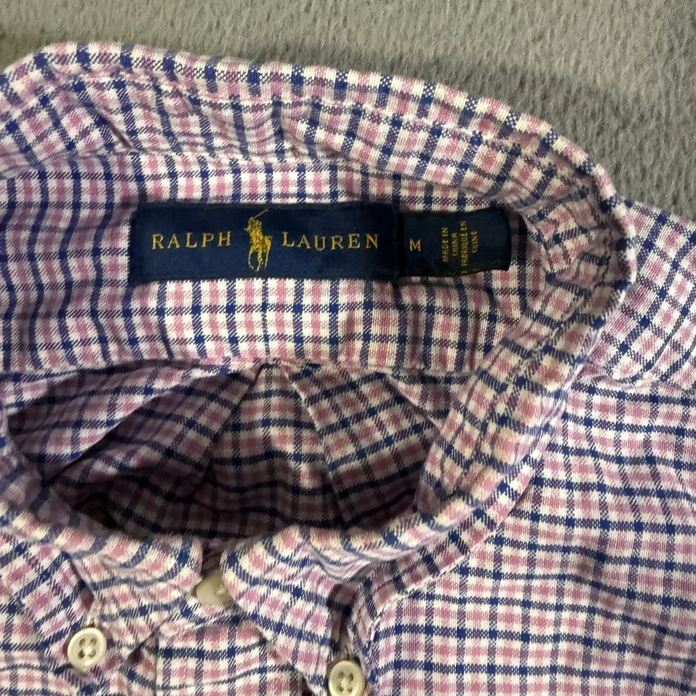 Polo Ralph Lauren Shirt Mens Size Medium Blue Pink Plaid Button‎ Down Flesh Pony